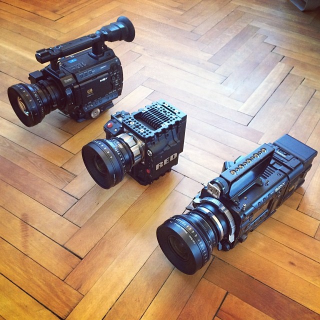 Size comparison. Sony F3 vs Red Epic vs Sony F55 w/ raw module and V-Mount. Guess which camera loses the weight comparison? Hint: The smallest one is heavier than the F55! ;-)